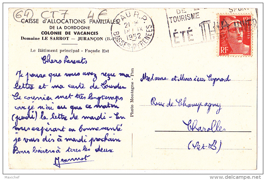 Caisse D'Allocations Familiales Dordogne - Colonie Vacances - Sardot - Jurançon - Bâtiment Principal, Façade Est, 1952 - Jurancon