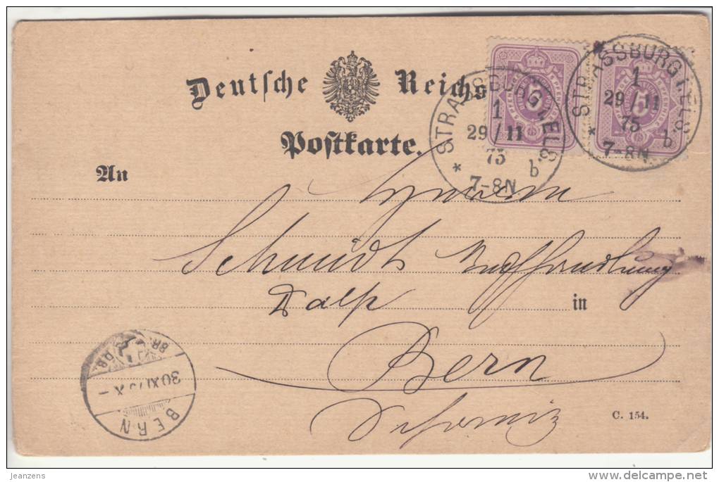 Carte Postale Aff 2x 5 Pfenige  - Strassburg I. Els 29.11.1875 -&gt; Berne - Sonstige & Ohne Zuordnung