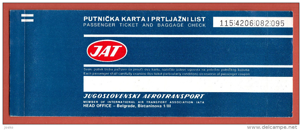 JAT ( Yugoslav Airlines ) Vintage Ticket Flight BRUXELLES (Brussels Belgium) : ZAGREB : SPLIIT * Billet Biglieto Billete - Billetes