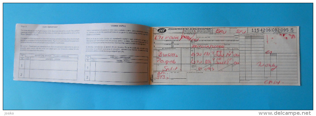 JAT ( Yugoslav Airlines ) Vintage Ticket Flight BRUXELLES (Brussels Belgium) : ZAGREB : SPLIIT * Billet Biglieto Billete - Tickets