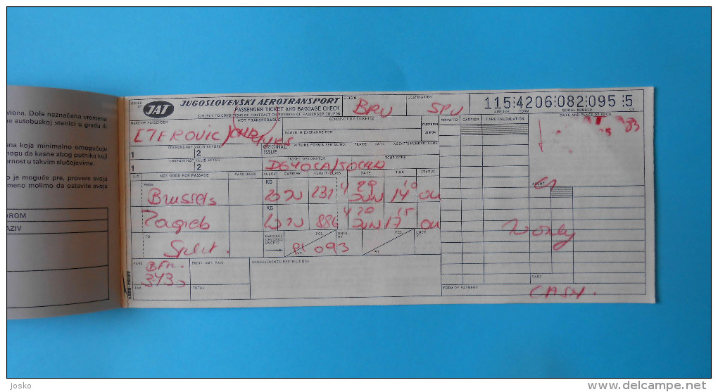 JAT ( Yugoslav Airlines ) Vintage Ticket Flight BRUXELLES (Brussels Belgium) : ZAGREB : SPLIIT * Billet Biglieto Billete - Tickets