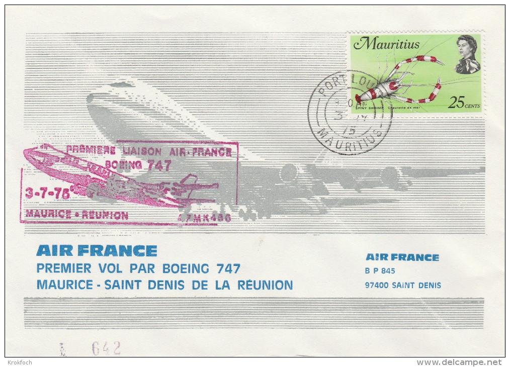 Maurice Saint-Denis De La Réunion 1975 Boeing 747 Air France - Inaugural Flight - 1er Vol Erstflug - Mauritius Port-Loui - Covers & Documents