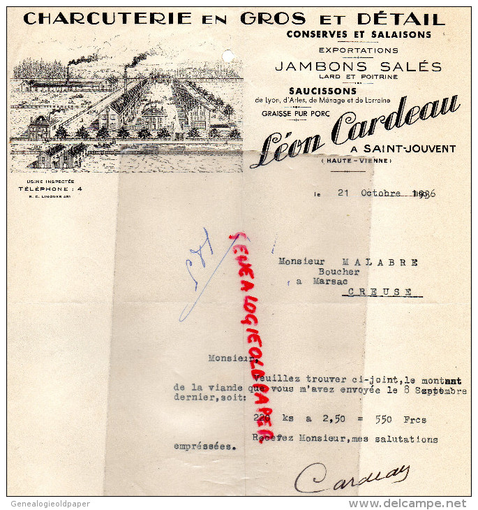 87 -ST SAINT JOUVENT - FACTURE LEON CARDEAU -CHARCUTERIE  - SALAISONS- A MALABRE BOUCHER A MARSAC CREUSE-1936 - 1900 – 1949