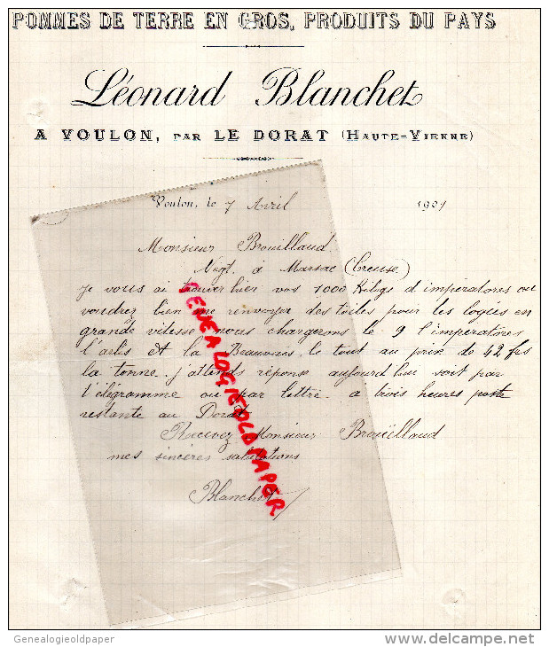 87 - LE DORAT A VOULON- FACTURE LEONARD BLANCHET - POMMES DE TERRE - 1909- A BROUILLAUD NEGOCIANT A MARSAC CREUSE - 1900 – 1949