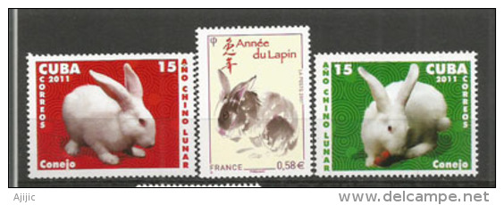 Année Du Lapin .   3 T-p Neufs ** (Cuba & France) - Lapins
