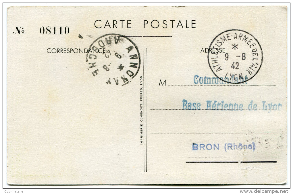 FRANCE CARTE POSTALE N°08110 DES CHAMPIONNATS D'ATHLETISME DE L'ARMEE DE L'AIR.....LYON LE 9 AOUT 1942 - Athlétisme