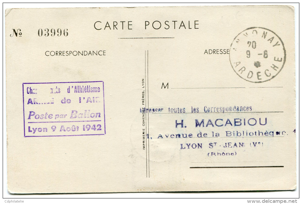 FRANCE CARTE POSTALE N°03996 DES CHAMPIONNATS D'ATHLETISME DE L'ARMEE DE L'AIR.....LYON LE 9 AOUT 1942 - Athletics