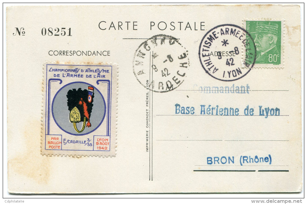 FRANCE CARTE POSTALE N°08251 DES CHAMPIONNATS D'ATHLETISME DE L'ARMEE DE L'AIR.....LYON LE 9 AOUT 1942 - Athlétisme