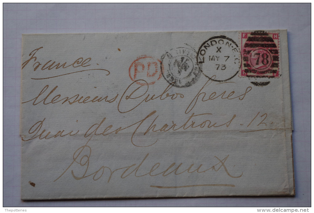 3-601 LAC Port Du London Londres Bordeaux Calais 1er Mai 1873 Genealogie Ch Bedell Cachet Killer - Lettres & Documents