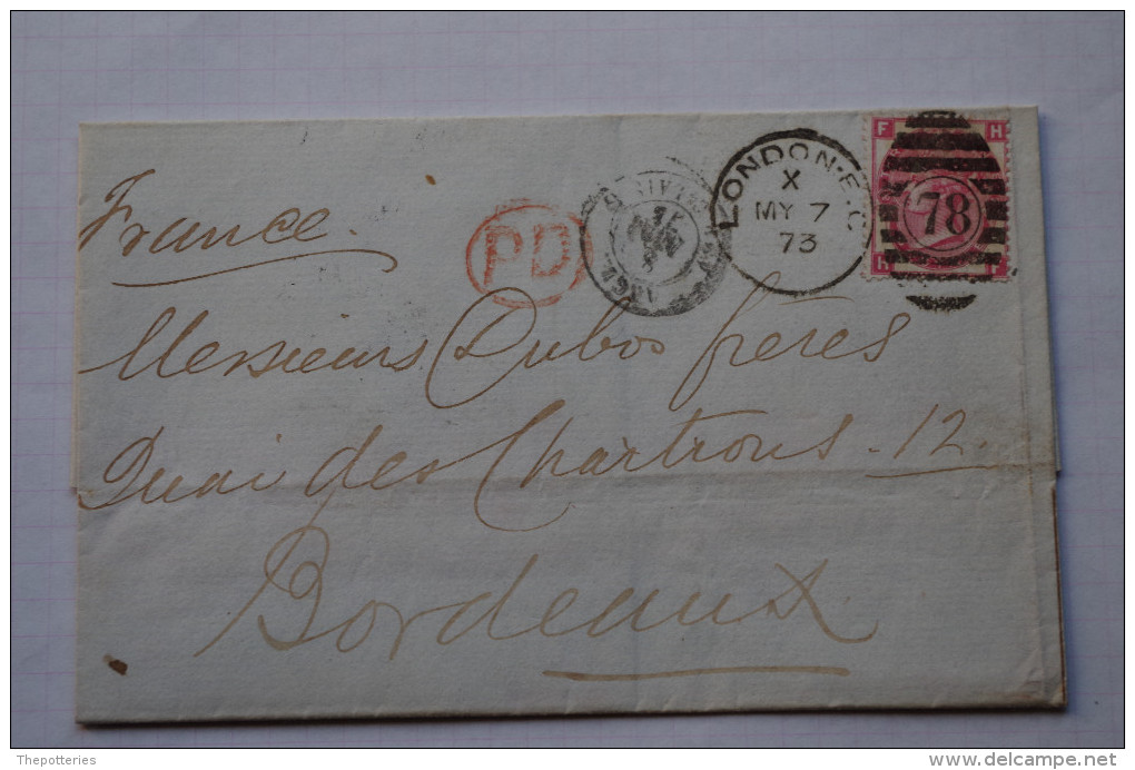 3-601 LAC Port Du London Londres Bordeaux Calais 1er Mai 1873 Genealogie Ch Bedell Cachet Killer - Briefe U. Dokumente