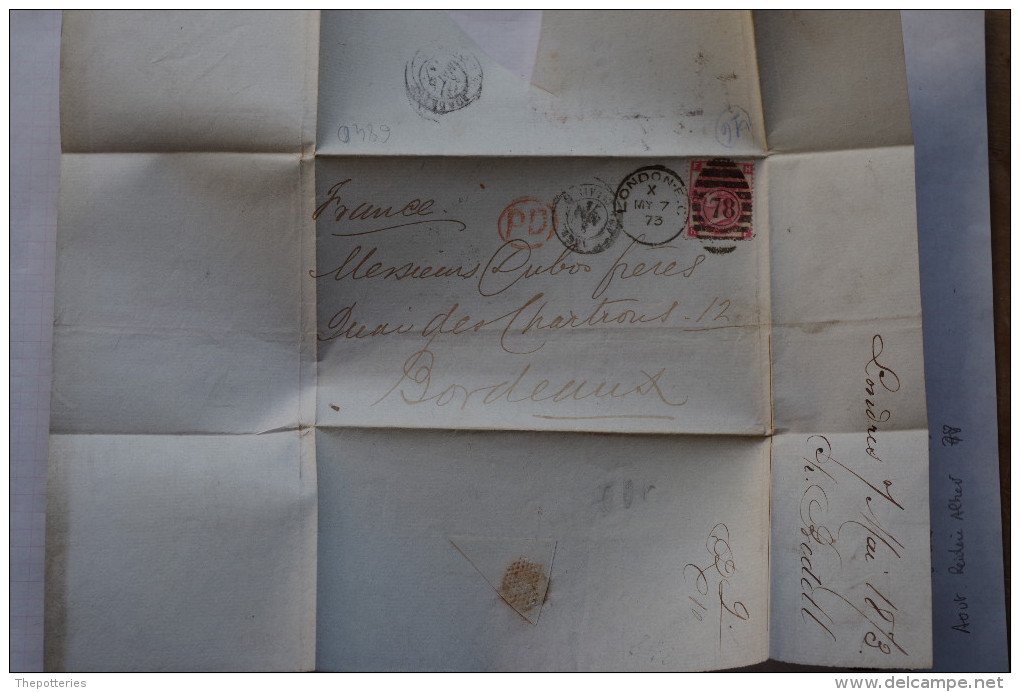 3-601 LAC Port Du London Londres Bordeaux Calais 1er Mai 1873 Genealogie Ch Bedell Cachet Killer - Lettres & Documents