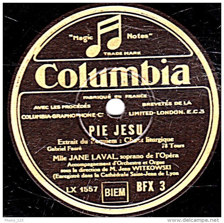 78 Trs - 30 Cm - état TB -  Mlle JANE LAVAL - LE SOMMEIL DE L'ENFANT JESUS - PIE JESU - 78 T - Disques Pour Gramophone