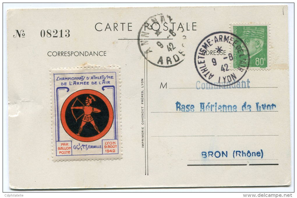 FRANCE CARTE POSTALE N°08213 DES CHAMPIONNATS D'ATHLETISME DE L'ARMEE DE L'AIR.....LYON LE 9 AOUT 1942 - Athletics