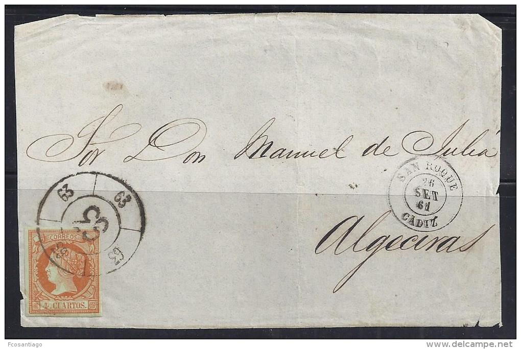 ESPAÑA.1861. 4 Cuartos FRONTAL Mat. RUEDA DE CARRETA No.63 Al Lado Fechador Tipo II De SAN ROQUE Circulada A ALGECIRAS - Cartas & Documentos