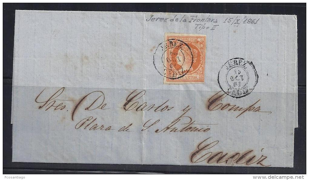 ESPAÑA.1861. 4 Cuartos Mat. Fechador Tipo II De JEREZ/CADIZ Circulada A CADIZ - Cartas & Documentos