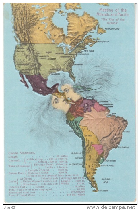 Panama Canal Zone Map Atlantic &amp; Pacific Oceans Kiss, C1910s Vintage Embossed Postcard - Panama