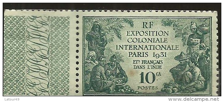 TIMBRE  RF  EXPOSITION COLONIALE INTERNATIONALE PARIS 1931ETS FRANCAIS DANS L INDE   10ca Neuf - Neufs