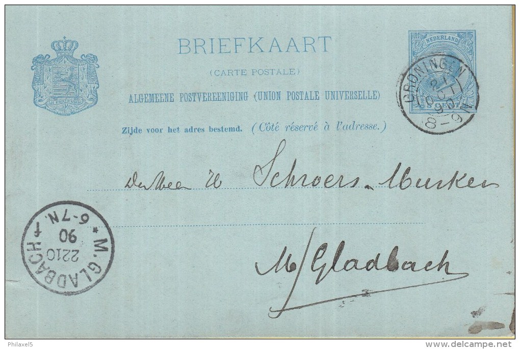 Nederland - Briefkaarten G27 - "Willem III" - Groningen - M. Gladbach - Februari 1891 - Gebruikt - Postal Stationery