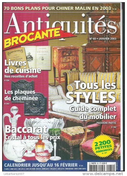 ANTIQUITES BROCANTE  N° 60  " LIVRES DE CUISINE / PLAQUES DE CHEMINEE / BACCARAT CRISTAL " -  JANVIER  2003 - Brocantes & Collections