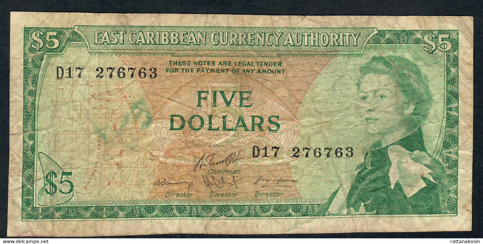 E.C.S. EAST CARIBBEAN STATES  P14h  5  DOLLARS  1965 #D17  Signature 10 FINE NO P.h. ! - Caraïbes Orientales