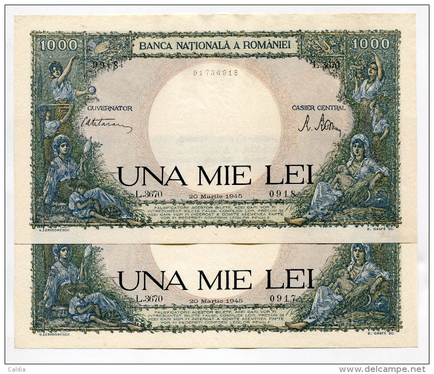 Roumanie Romania 1000 Lei 1945 UNC - 2 Consecutives - Roumanie