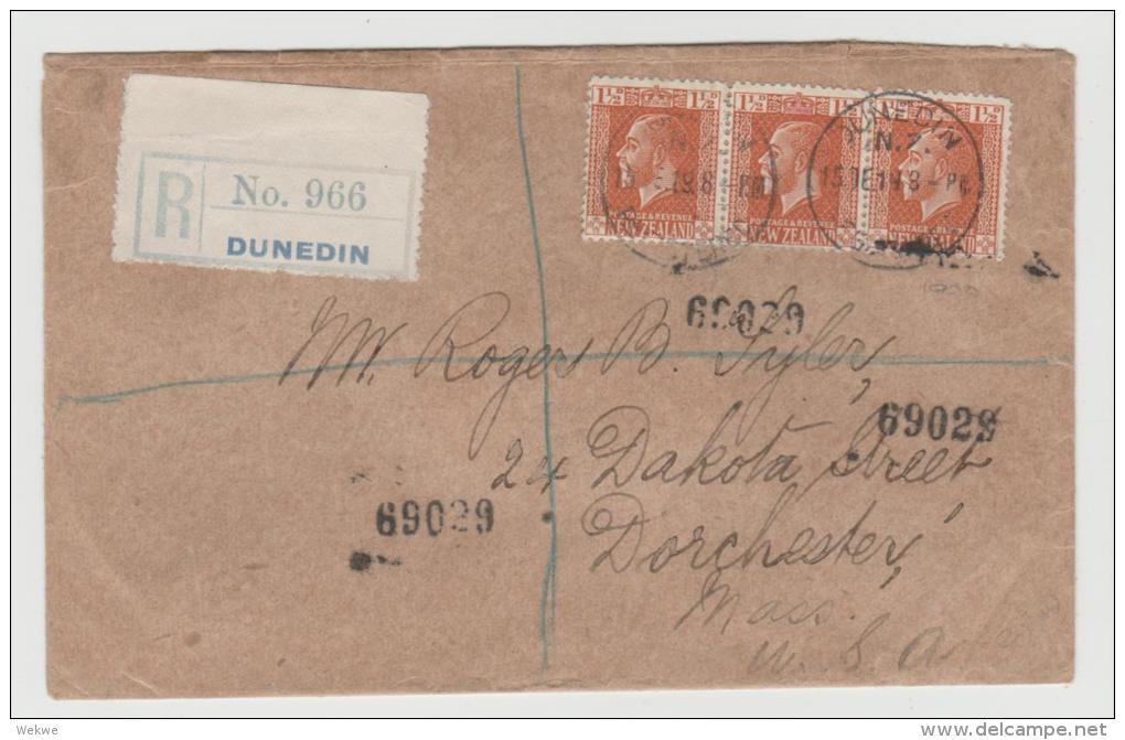 NZ175 / King George V., 3-er Streifen Auf Einschreiben In Die USA - Covers & Documents