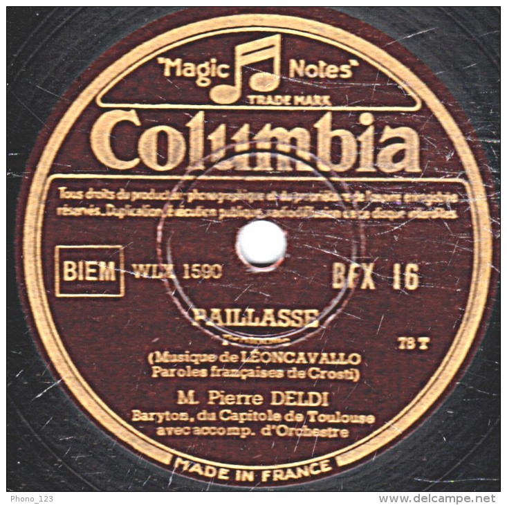 78 Trs - 30 Cm - état EX -  Pierre DELDI  PAILLASSE - MM. LUCCIONI Et DELDY - LES PÊCHEURS DE PERLES - 78 T - Disques Pour Gramophone