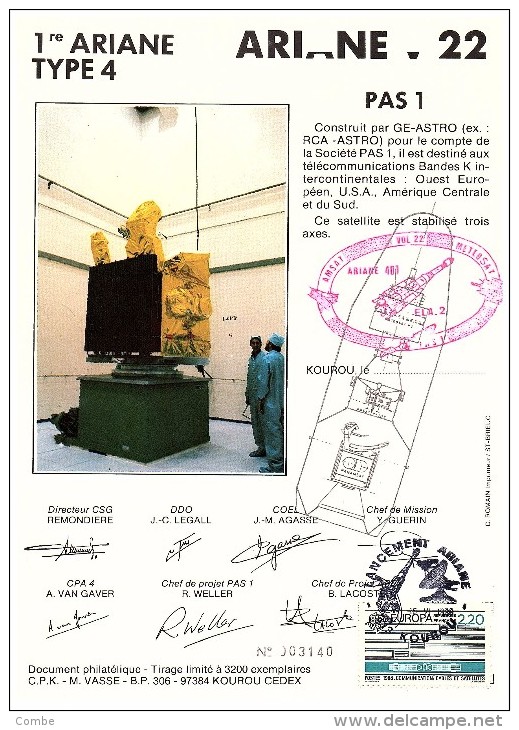 ARIANE  KOUROU 1988. DOCUMENT PHILATELIQUE TIRAGE 3200EX. /14 - Andere & Zonder Classificatie