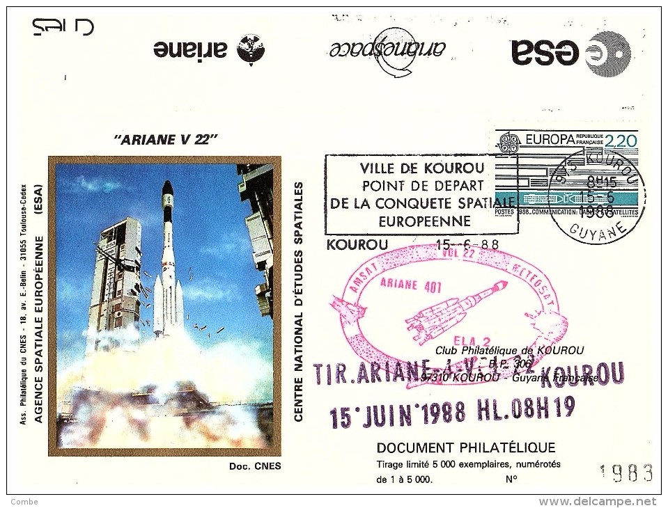 ARIANE  KOUROU 1988. DOCUMENT PHILATELIQUE TIRAGE 5000EX. /615 - Andere & Zonder Classificatie