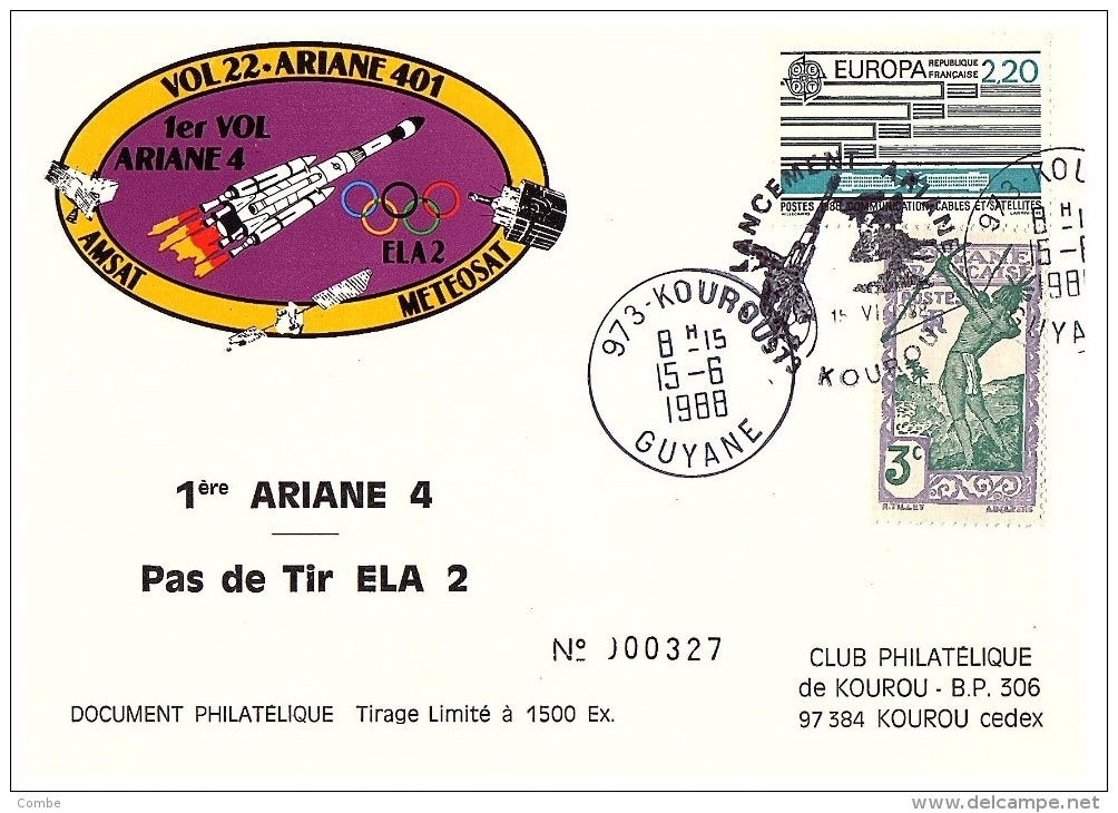 ARIANE  KOUROU 1988. DOCUMENT PHILATELIQUE TIRAGE 1500EX. /615 - Autres & Non Classés