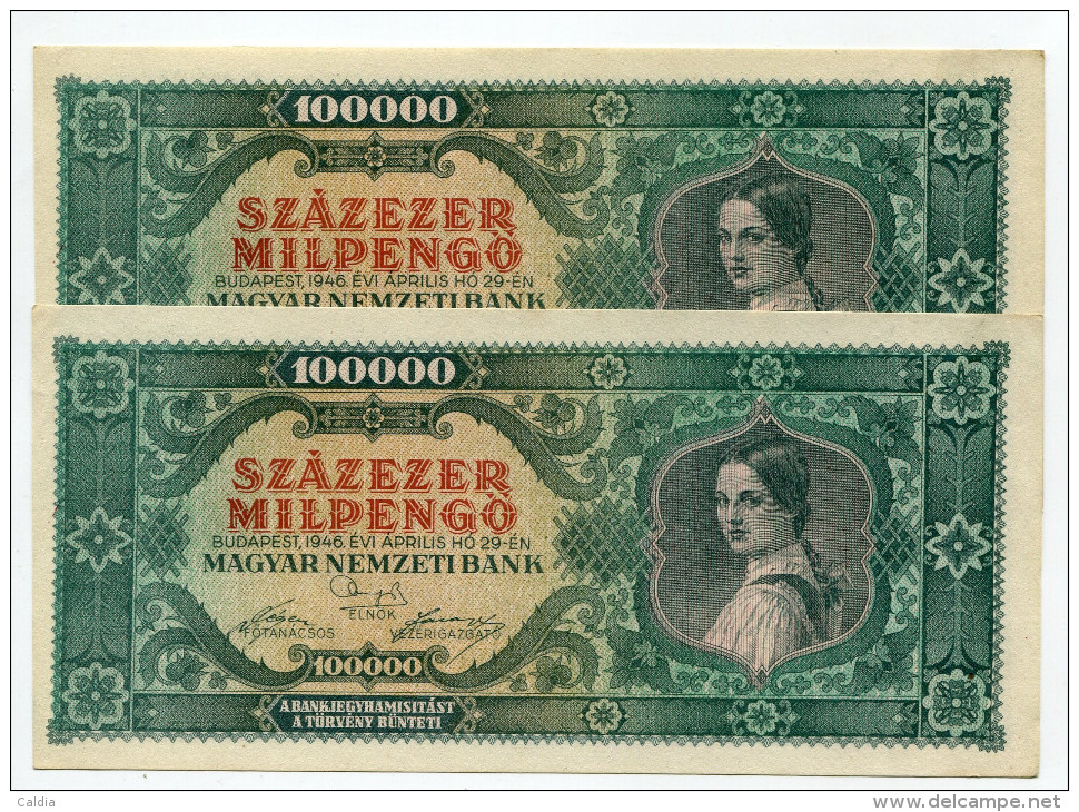 Hongrie Hungary Ungarn 100.000 MilPengo 1946 AUNC / UNC - 2 Consecutives - Hungary