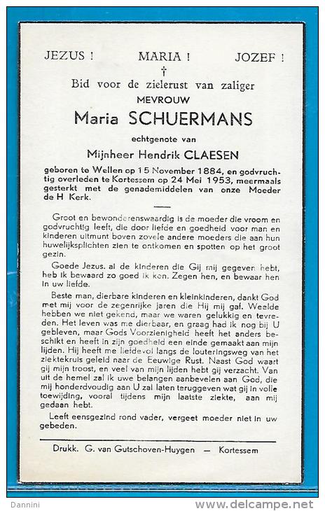 Bidprentje Van Maria Schuermans - Wellen - Kortessem - 1884 - 1953 - Images Religieuses
