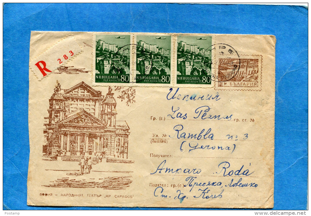 MARCOPHILIE-BULGARIE Lettre  ENTIER POSTAL 20+3 STAMPS A67-cad 1956 Pour Espagne - Brieven En Documenten