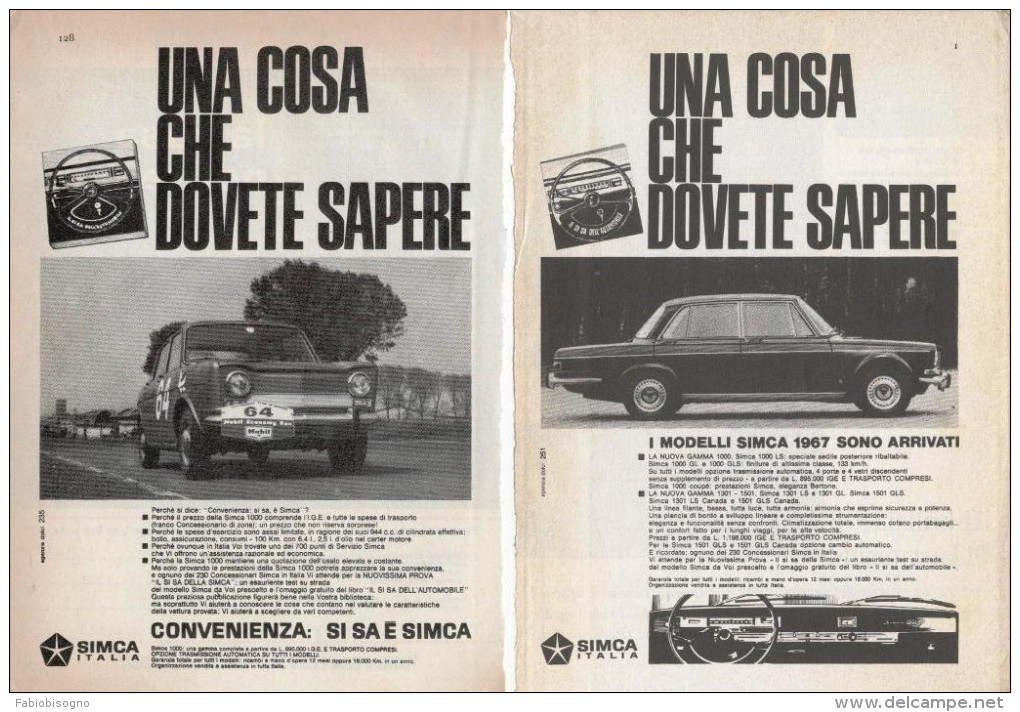 1966 - Auto SIMCA (vari Modelli) - 6 Pag.  Pubblicità Cm. 13x18 - Cars