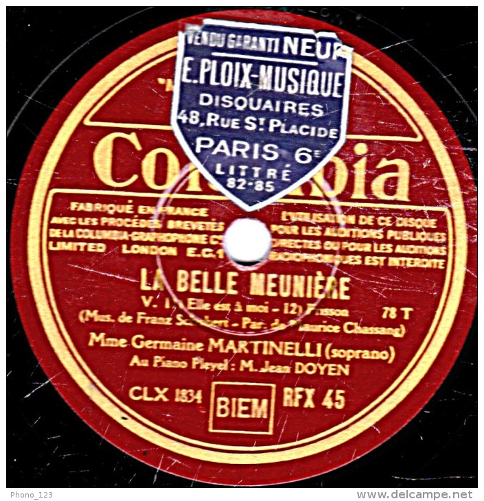 78 Trs 30 Cm  état TB  Germaine MARTINELLI  LA BELLE MEUNIERE  Elle Est à Moi Frisson Le Ruban Vert Du Luth Le Chasseur - 78 T - Disques Pour Gramophone