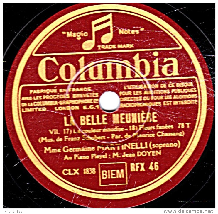 78 Trs 30 Cm  état TB  Germaine MARTINELLI  LA BELLE MEUNIERE  La Couleur Maudite Fleurs Fanées Le Meunier Berçeuse - 78 T - Disques Pour Gramophone