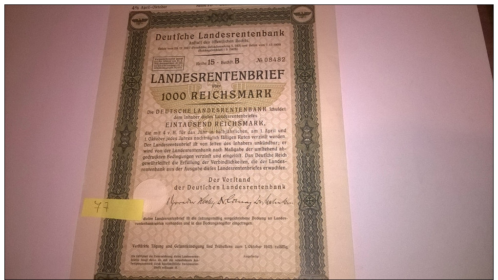 77) AZIONI TEDESCHE 1945 LANDESRENTENBRIEF,1000 REICHSMARK, VEDI FOTO - Banca & Assicurazione