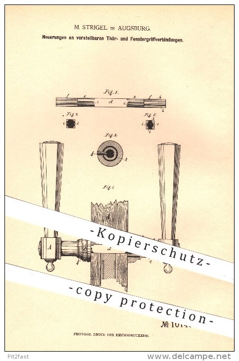 Original Patent - M. Strigel In Augsburg , 1879 , Verstellbare Türgriffe U. Fenstergriffe , Tür , Türen , Fenster !!! - Historische Dokumente