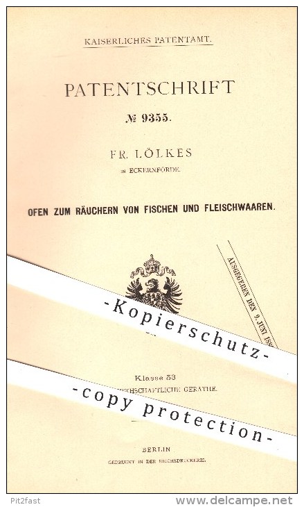 Original Patent - Fr. Lölkes , Eckernförde ,1879, Ofen Zum Räuchern Von Fisch & Fleisch , Räucherofen , Öfen , Ofenbauer - Historische Dokumente