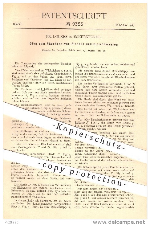 Original Patent - Fr. Lölkes , Eckernförde ,1879, Ofen Zum Räuchern Von Fisch & Fleisch , Räucherofen , Öfen , Ofenbauer - Historische Dokumente