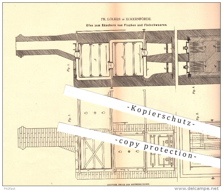 Original Patent - Fr. Lölkes , Eckernförde ,1879, Ofen Zum Räuchern Von Fisch & Fleisch , Räucherofen , Öfen , Ofenbauer - Historische Dokumente