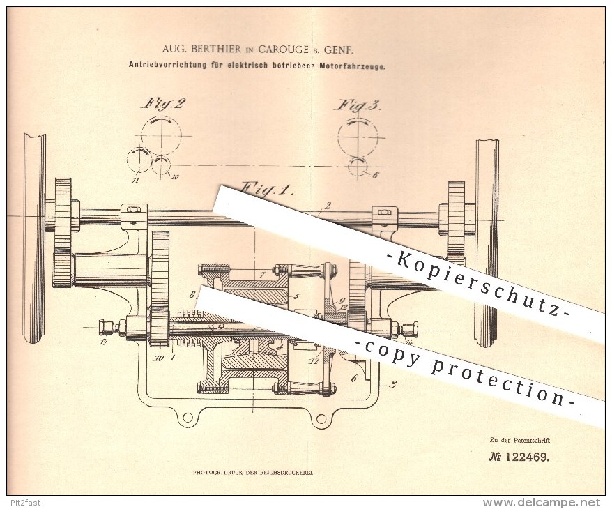 Original Patent - Aug. Berthier In Carouge Bei Genf , 1900 , Antrieb Für Elektrische Motor - Fahrzeuge , Elektromotor !! - Historische Dokumente