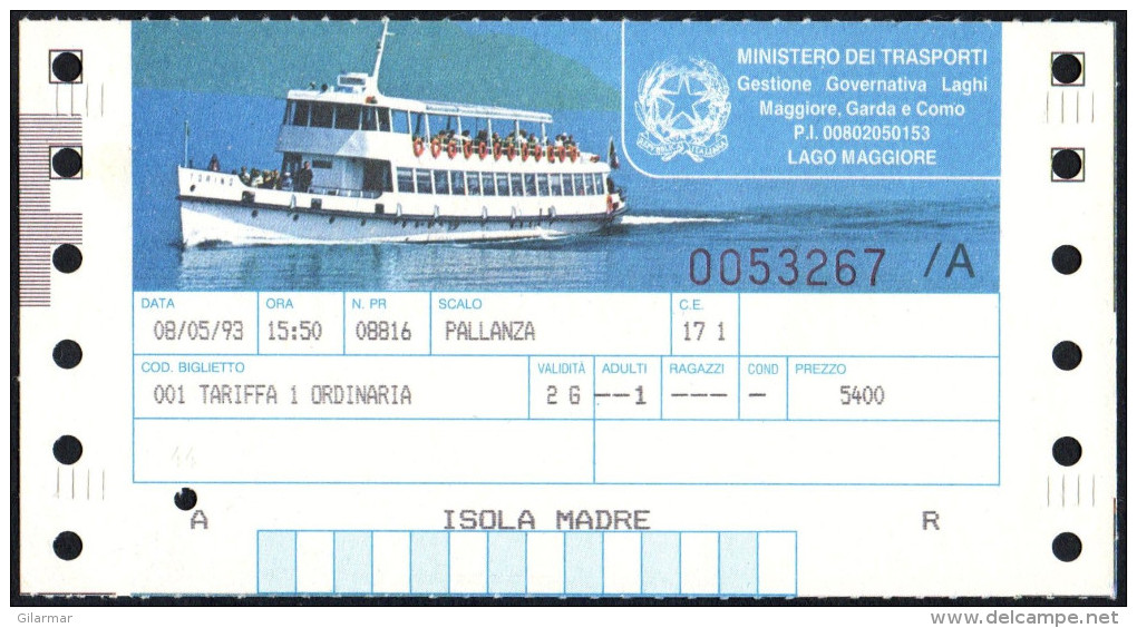 NAVI - ITALIA - MINISTERO TRASPORTI - GESTIONE GOVERNATIVA LAGHI MAGGIORE GARDA E COMO - ISOLA MADRE - TARIFFA ORDINARIA - Europe