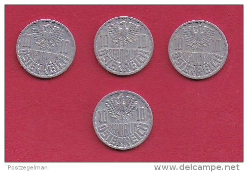 AUSTRIA, 1952, 4 Circulated Coins Of 10 Groschen, Aluminum, KM2878, C2951 - Austria