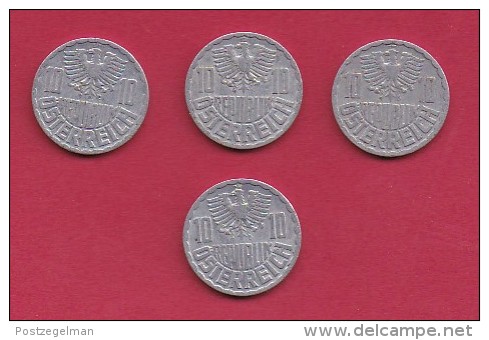 AUSTRIA, 1970, 4 Circulated Coins Of 10 Groschen, Aluminum, KM2878, C2963 - Austria