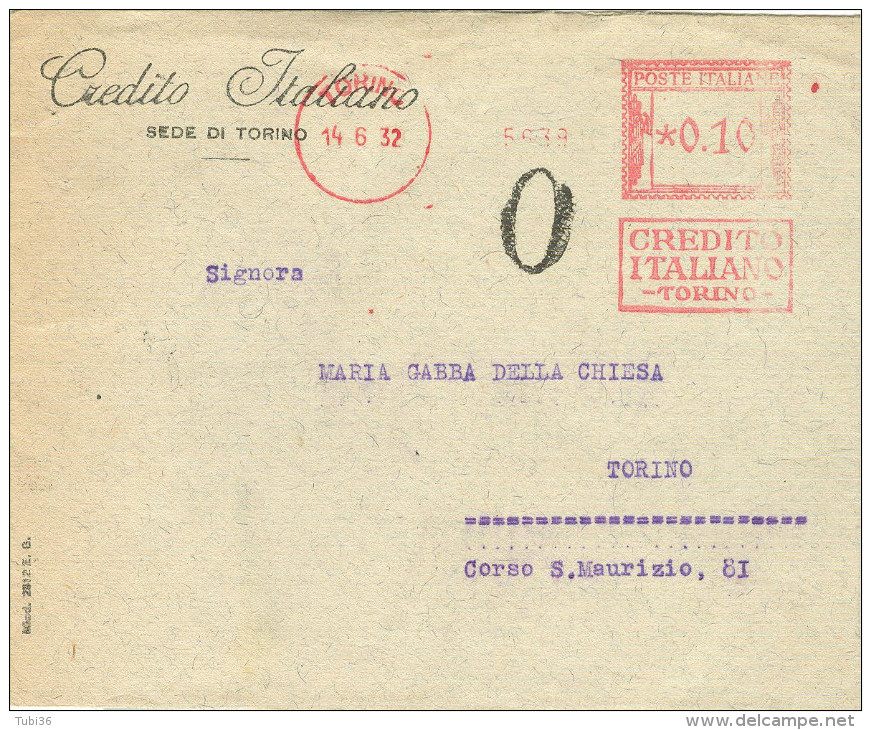 CREDITO ITALIANO,TORINO, AFFRANCATURA MECCANICA ROSSA,TIMBRO CON FASCI,1932, TORINO, - Macchine Per Obliterare (EMA)