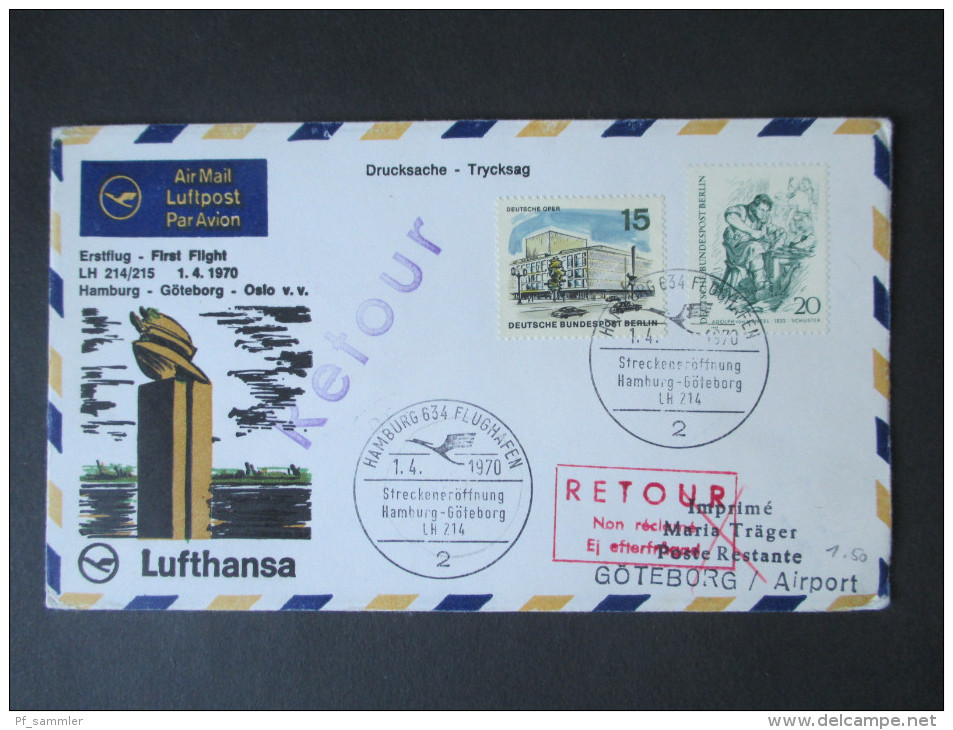 Berlin 1970 Erstflug / First Flight. Hamburg - Göteburg - Oslo. Lufthansa. Retour Stempel. Göteborg Airport - Lettres & Documents