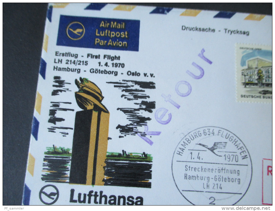 Berlin 1970 Erstflug / First Flight. Hamburg - Göteburg - Oslo. Lufthansa. Retour Stempel. Göteborg Airport - Briefe U. Dokumente