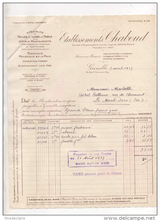 Spécialité De Toiles Et Linge De Table Pour Hôtels, Restaurants, Ets. Chaboud, Grenoble - 1937 - Sport En Toerisme