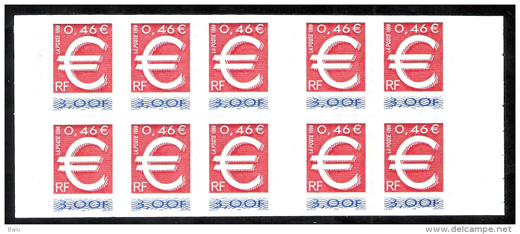 France 1999 Bande Carnet BC3215A ** NsC MNH, Yv 3214 X10, BC A, Le Timbre EURO MH - Gedenkmarken